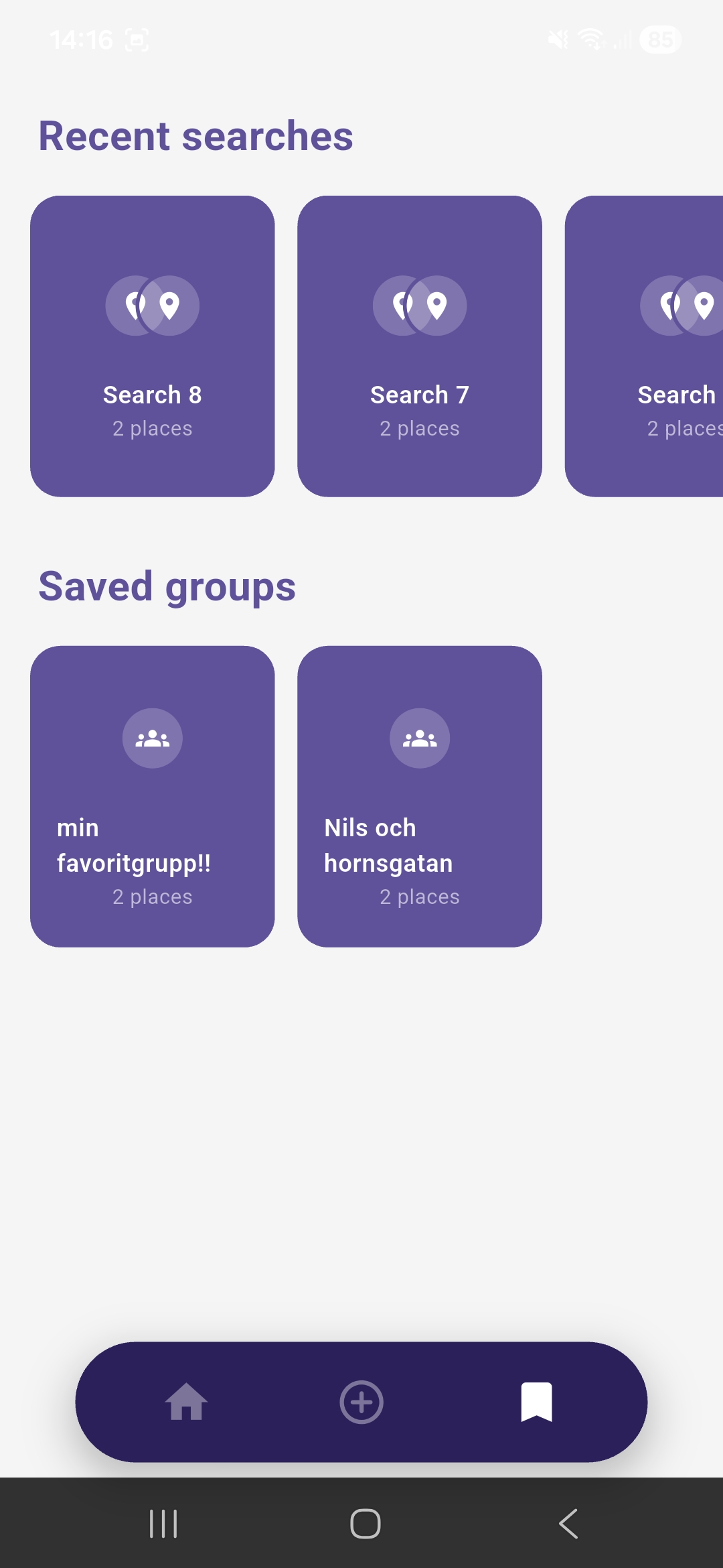 The Saved page with saved groups and recent searches